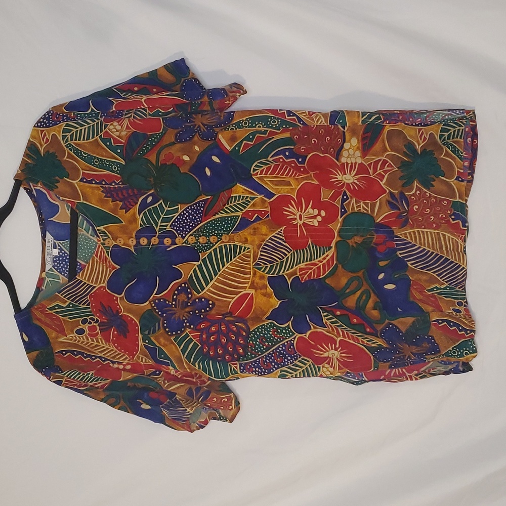 Vintage Silk Blouse Hawaiian Floral Women's Large 100% Washed Silk